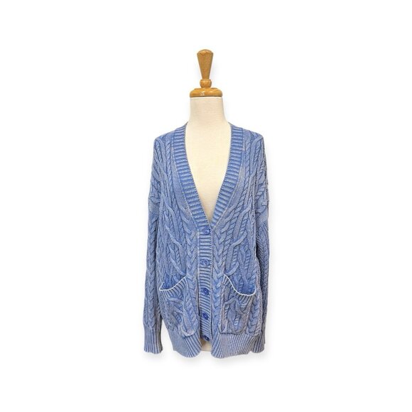 J. Crew Cable Knit V Neck Cardigan Sweater Size M Medium Blue - Picture 1 of 7